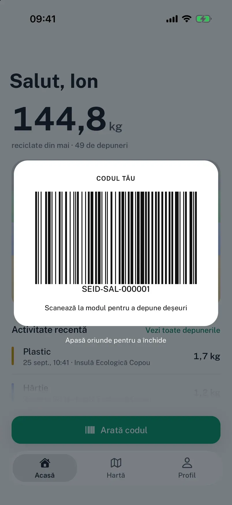 Codul de bare personal, deschis pe tot ecranul pentru scanare la modul