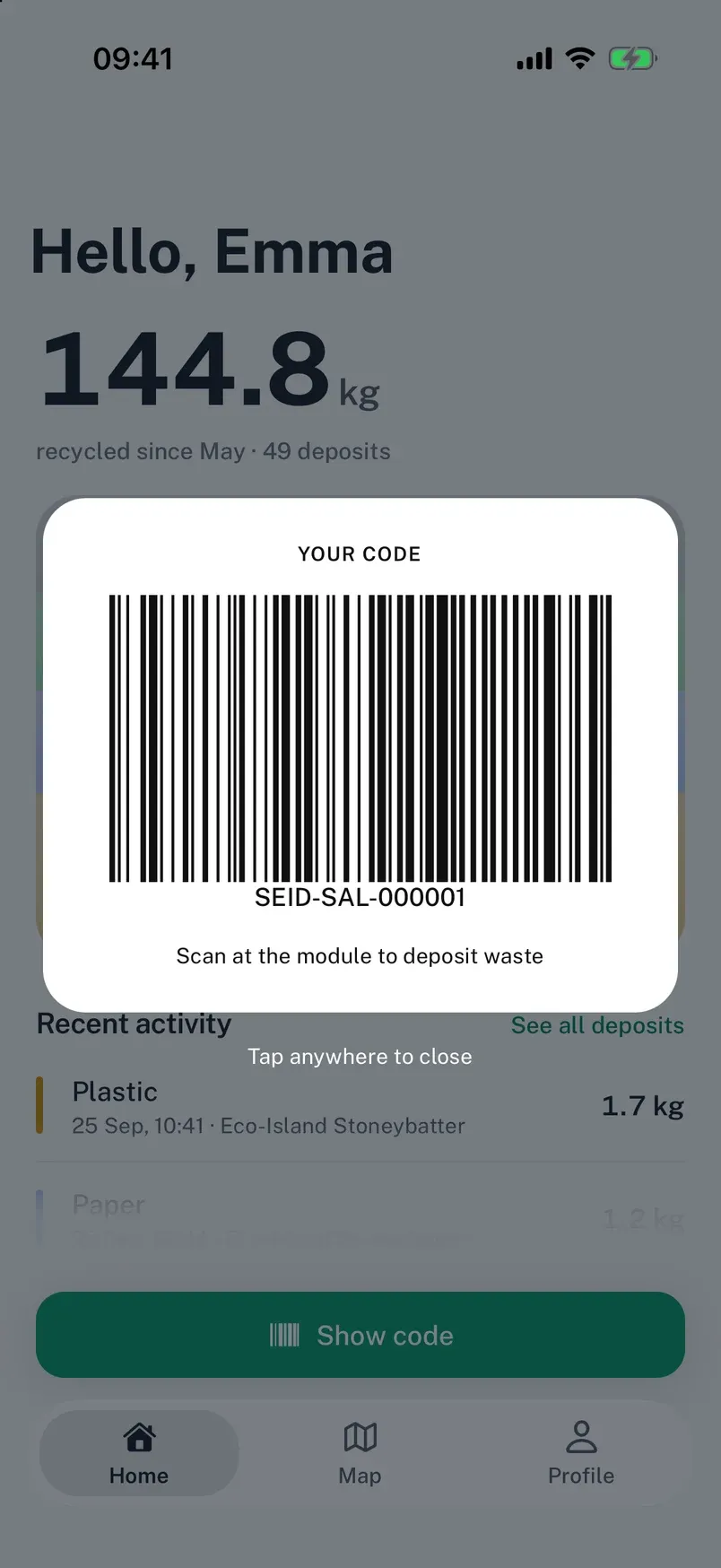 Personal barcode, opened full screen for scanning at the module
