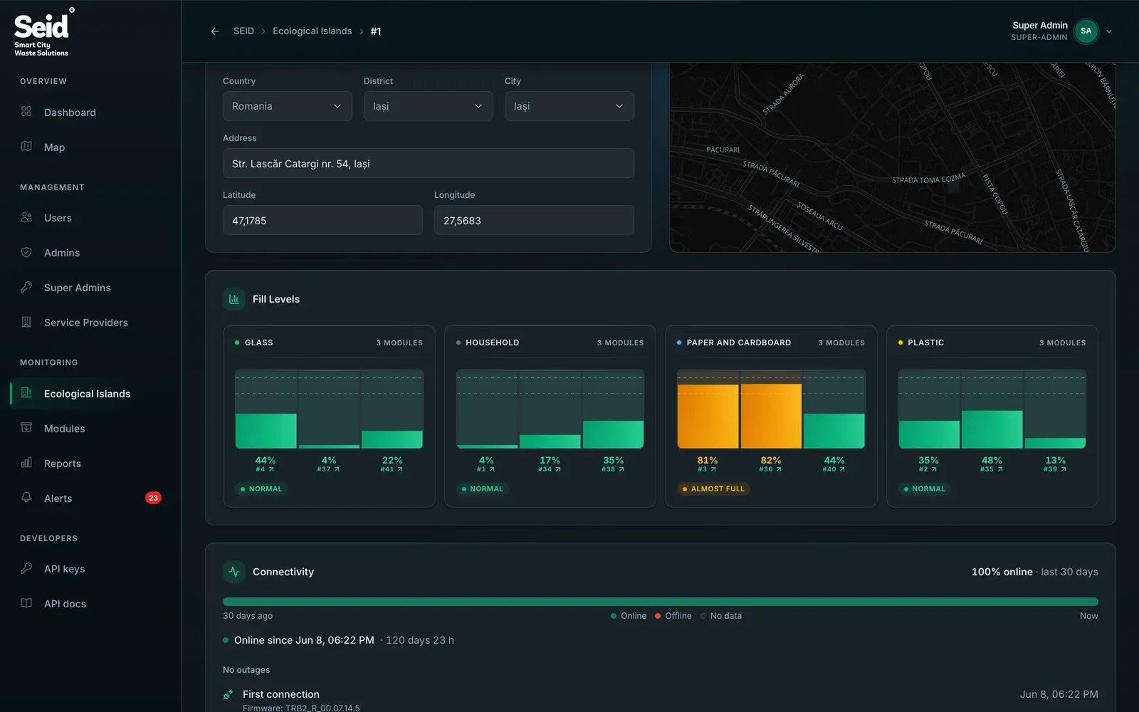 SEID ecological island detail page showing fill levels by waste type and the module list.