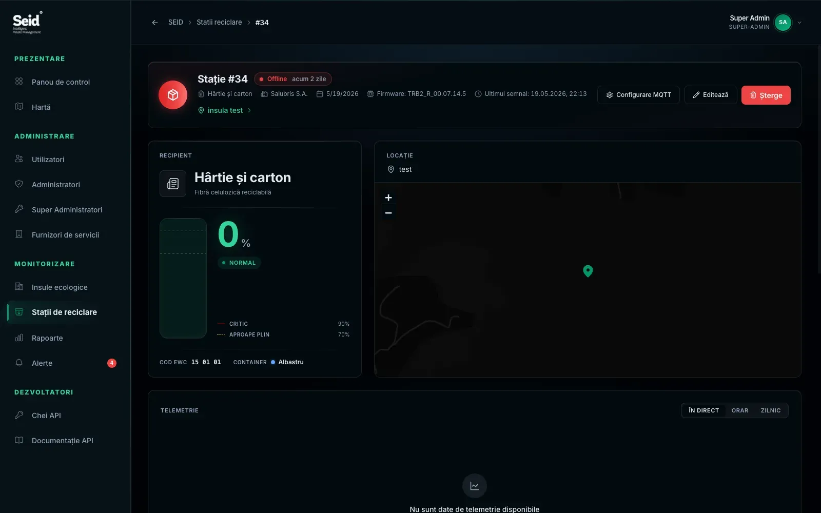 SEID station detail page with live fill gauge and offline badge.