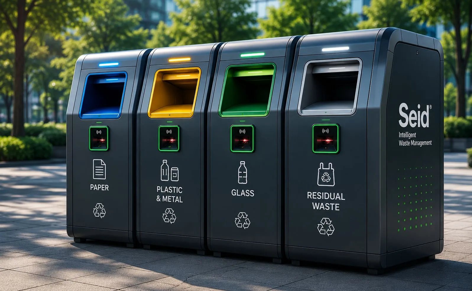 A SEID station on a pavement, with four separate collection streams, colour-coded hatches per material and a card reader on each module.