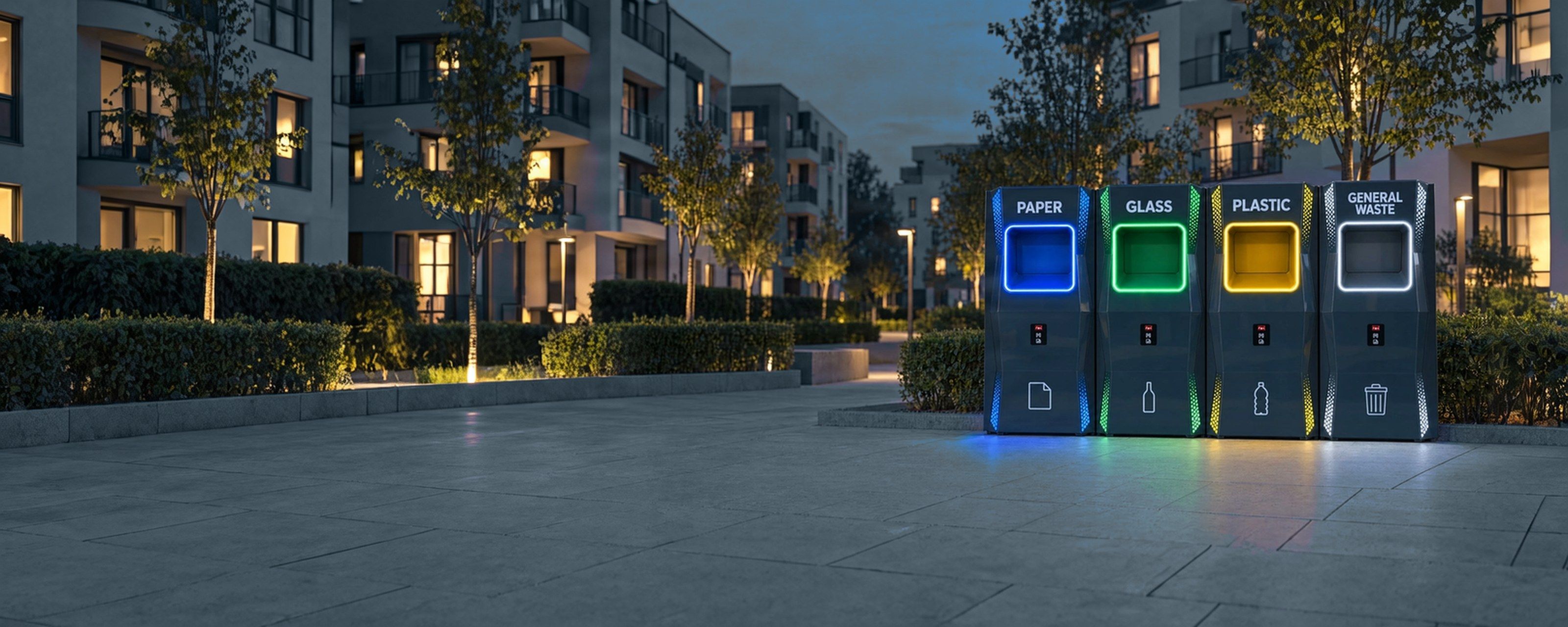 SEID ecological island at dusk, with four modules for paper, glass, plastic and general waste, each hatch lit in its stream's colour, installed in an urban setting.