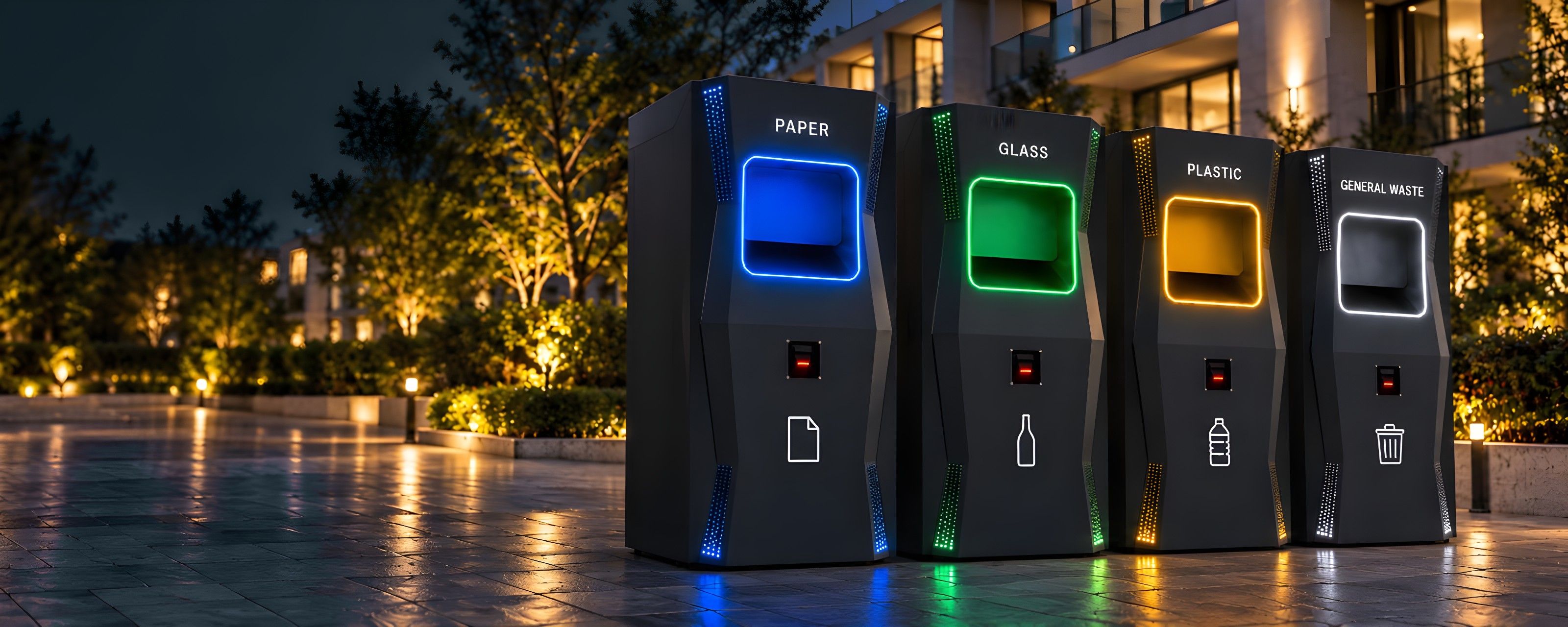 SEID ecological island at dusk, with four modules for paper, glass, plastic and general waste, each hatch lit in its stream's colour, installed in an urban setting.